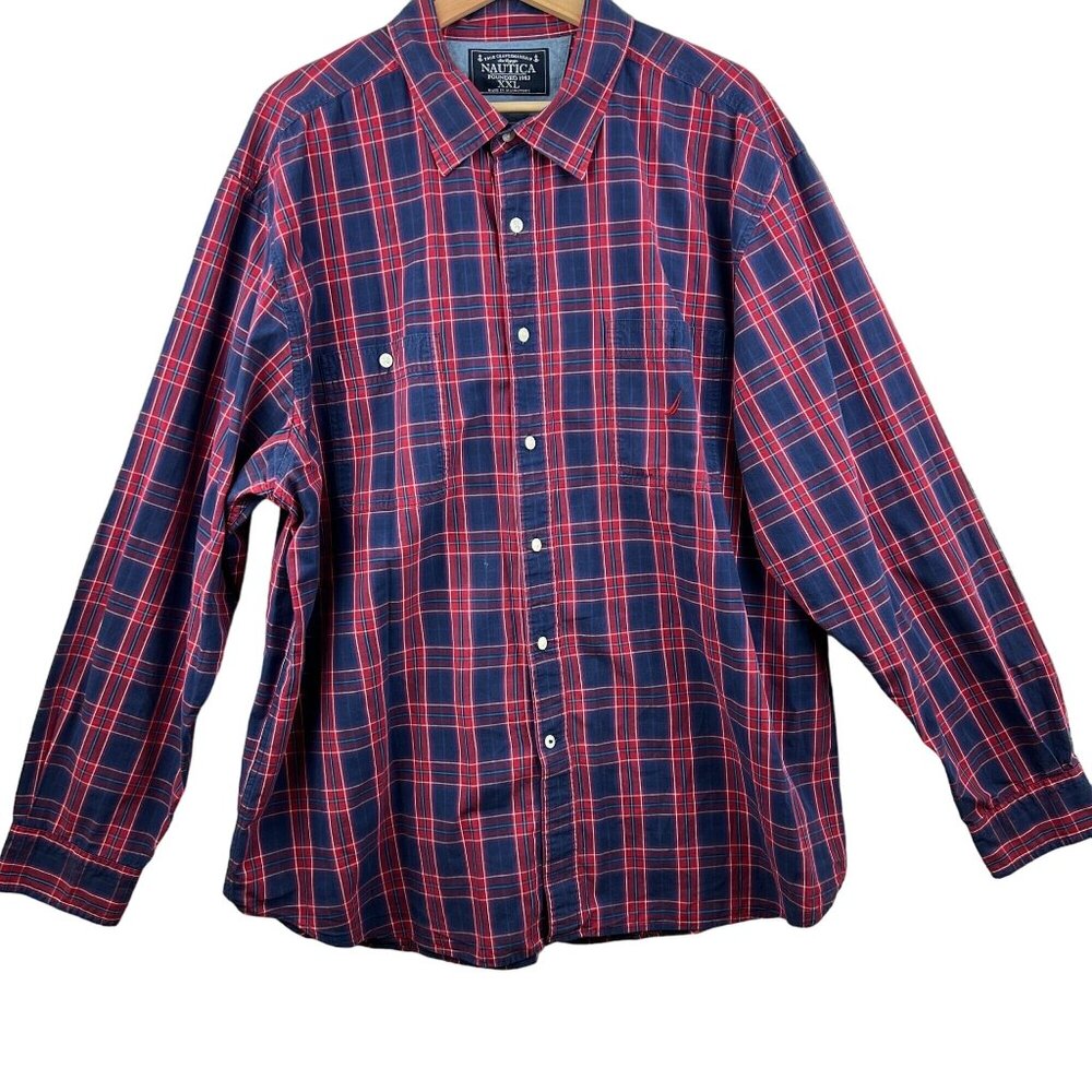 Nautica 1983 Mens Plaid Red Black Button Up Shirt Size XXL Long Sleeve Cotton